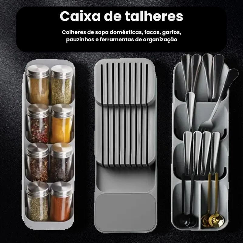 Organizador de gaveta para talheres e utensílios de cozinha com suporte para facas e colheres