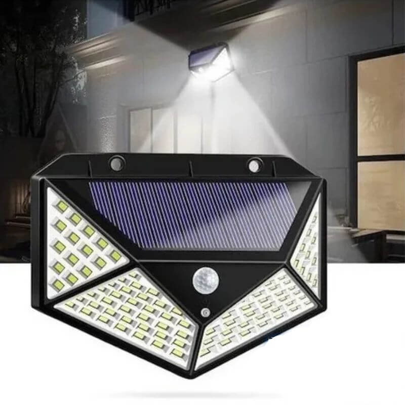 Luminária de emergência com 100 leds e sensor de presença, com placa solar e 3 funções