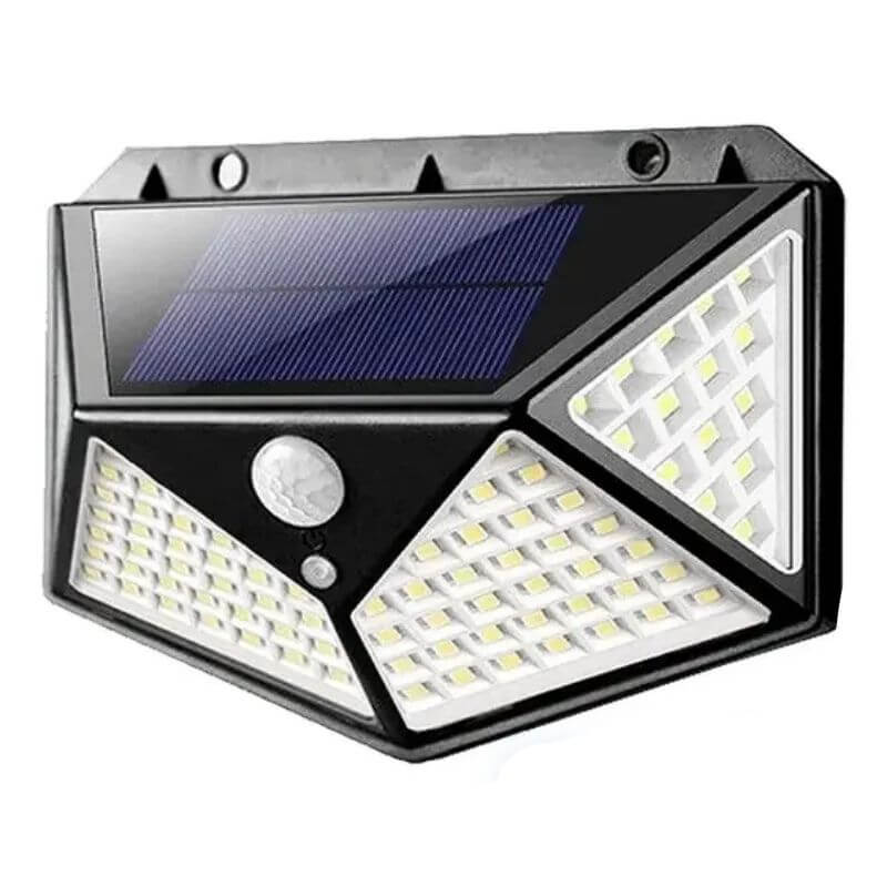 Luminária de emergência com 100 leds e sensor de presença, com placa solar e 3 funções