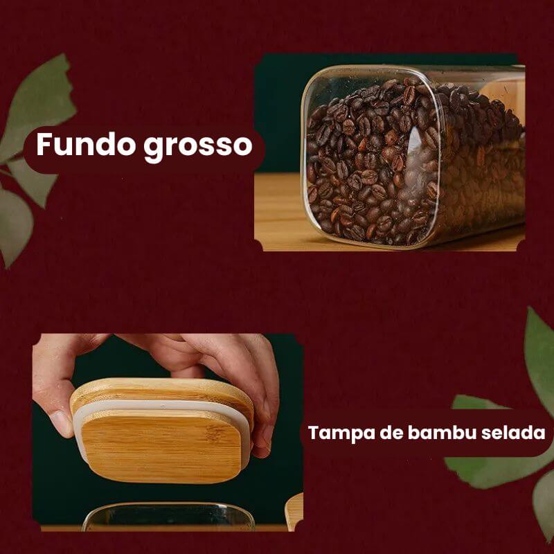 Potes de vidro quadrados com tampa de bambu para armazenamento de grãos