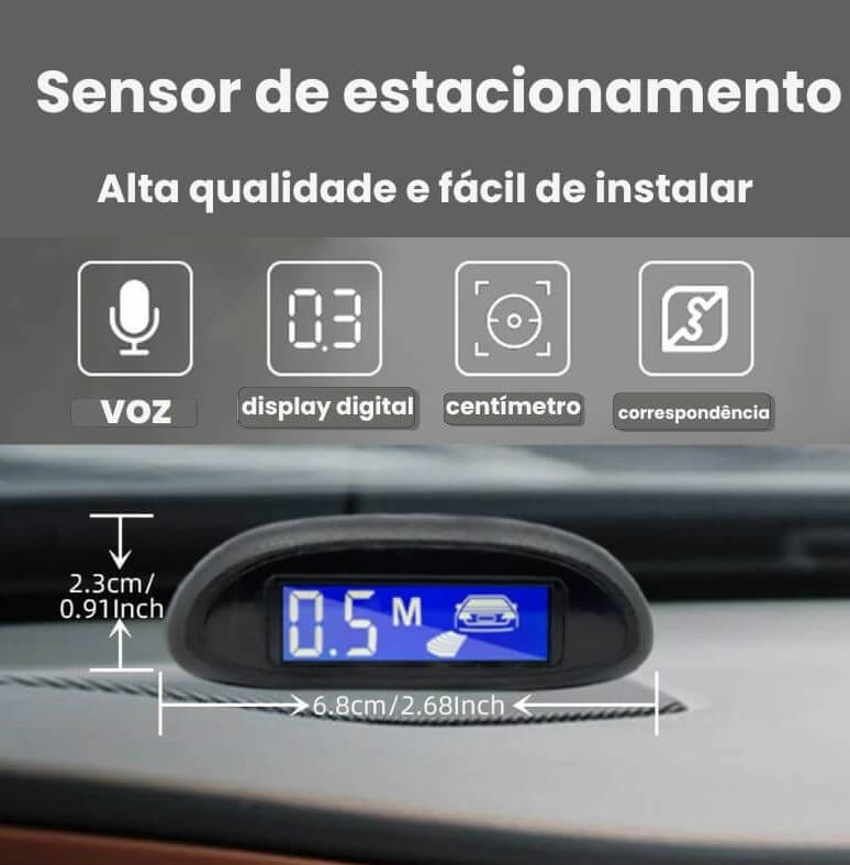 Sensor de estacionamento com monitor LED retroiluminado e sistema radar com 4 sensores.