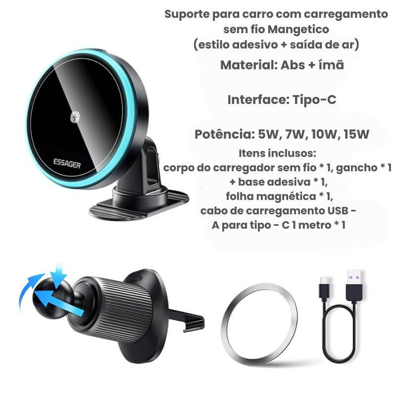 Suporte magnético para celular com carregador sem fio 15W