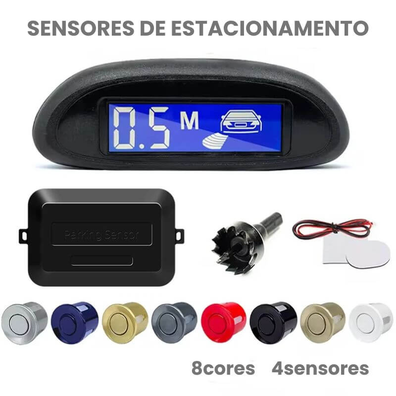 Sensor de estacionamento com monitor LED retroiluminado e sistema radar com 4 sensores.