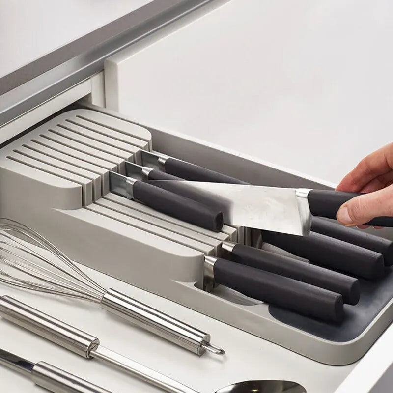 Organizador de gaveta para talheres e utensílios de cozinha com suporte para facas e colheres